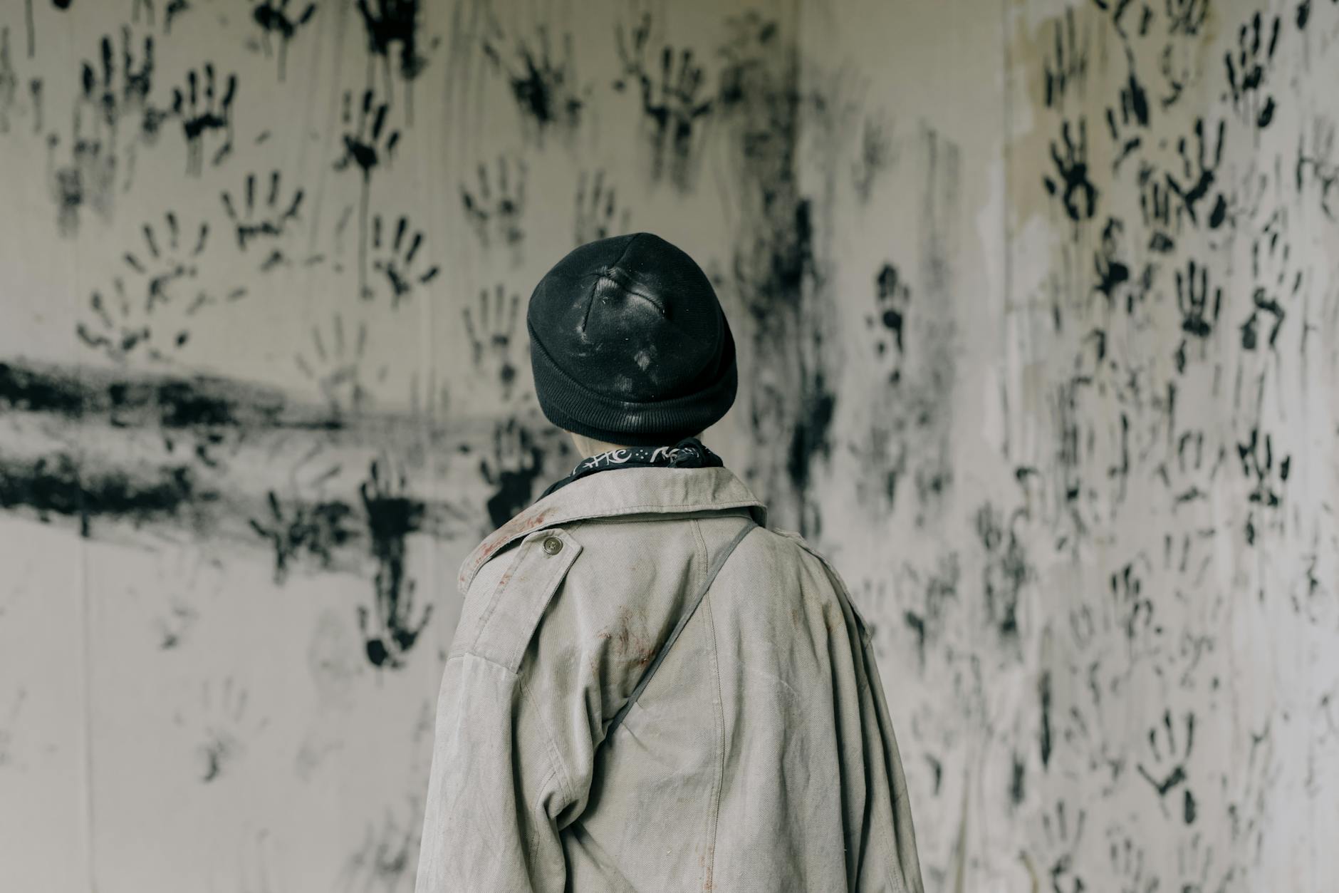 person in brown coat and black hat standing near white and black floral wall